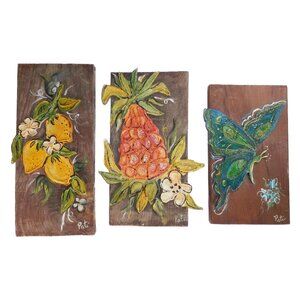 Vtg 70s Hand Painted Wood Wall Art Lemons Pineapple Butterfly Retro Kitsch Art